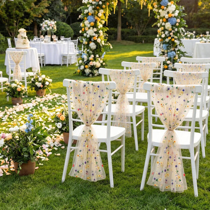 Jecery 16 Pcs Wedding Chair Decorations, Yellow Wildflower Chairs Sashes 6 x 108 Inch, Embroidered Tulle Chair Bows Ribbon Ties for Wedding Chairs Decor, Rustic Decor, Bridal Shower, DIY Craft