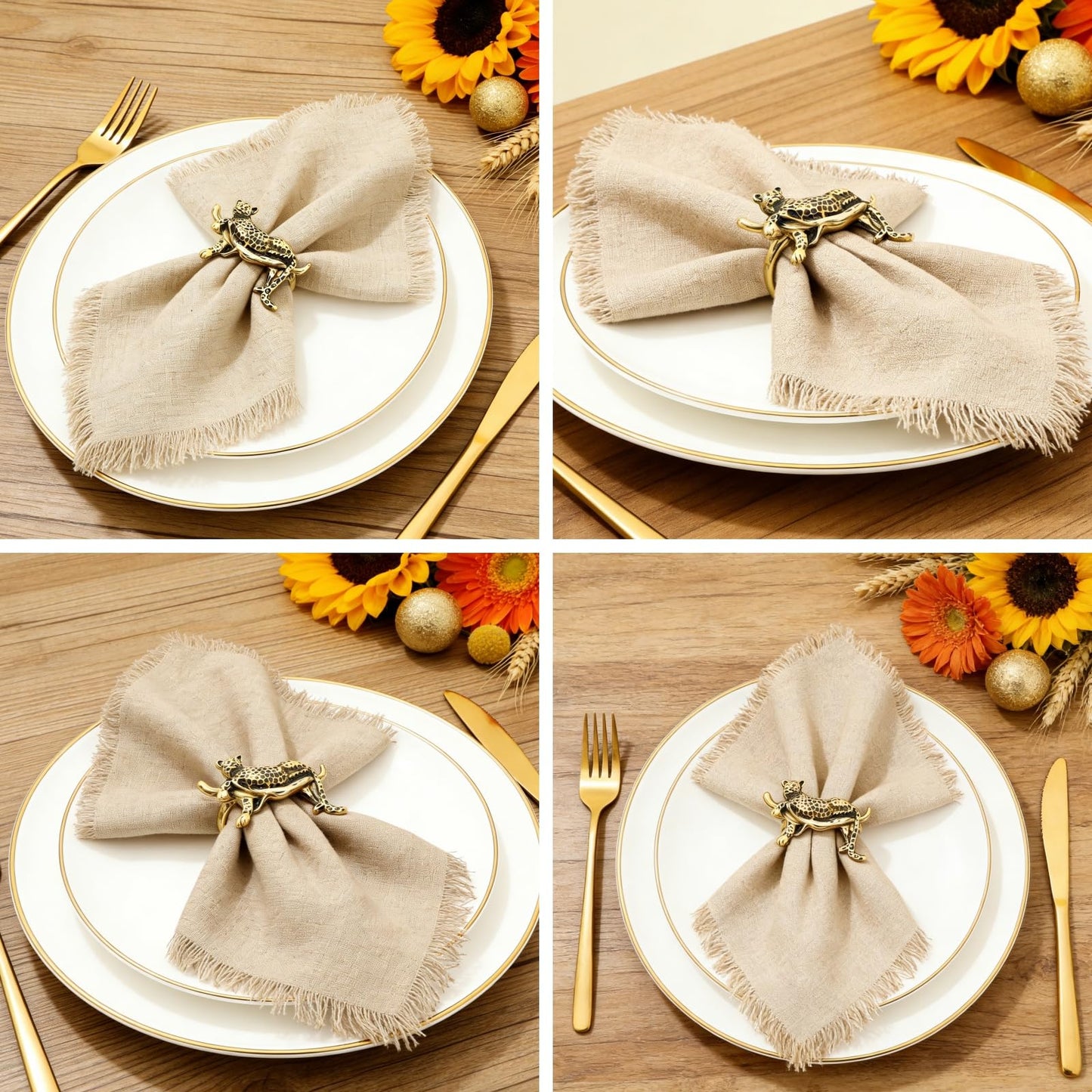 Davifina Gold Leopard Napkin Rings Set of 12 Fall Safari Napkin Rings for Christmas Halloween Dining Decor,Unique Animal Napkin Ring Holders for Baby Shower Garden Party Family Gathering Table Setting