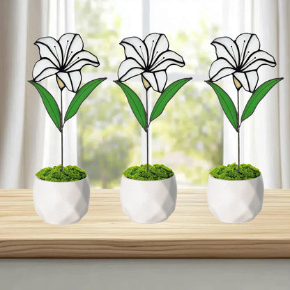 Verssure Stained Glass Flower, Stained Glass Lily with Ceramic Pot, Real Handmade Sun Catcher, Eternal Lily Decorative Sculpture Gift for Women, Mom, Wife, Anniversary, Home Decor