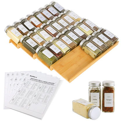 Spice Drawer Organizer with 24 Spice Jars and 216 Labels,Non-slip Rubber, Bamboo 4 Tier Spice Racks Tray Seasoning Containers for Kitchen Drawers,Cabinets,Countertops,13" Wide * 15.8" Deep