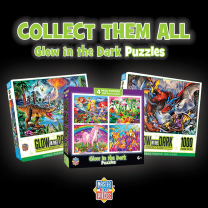 MasterPieces – Jigsaw Puzzle Set for Kids 6+ Years, 4-Pack of 100 Pieces, Educational and Fun Game, Blue Glow in The Dark Collection, Gift Idea for Children, 8" x 10