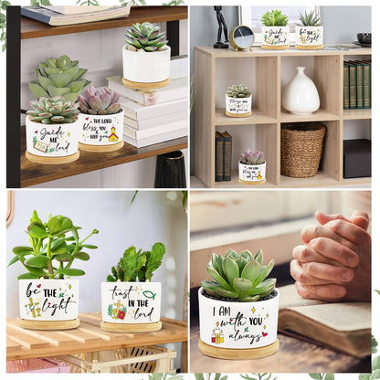 Tarklanda 6Pcs Christian Gifts Plant Pot, Bible Verse Succulent Pots Mini Ceramic Flower Planters Pot with Bamboo Tray Thank You Religious Gift for Mother Teacher, Plant Not Included