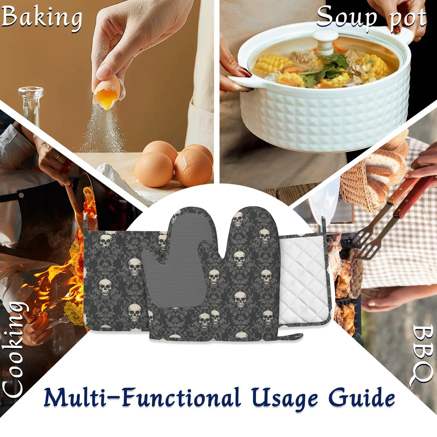 Gothic Black Skull Pot Holders and Oven Mitts Set Silicone Halloween Skulls Kitchen Gloves Potholders Heat Resistant Washable,Chef Cooking Baking Gifts for Women Men Bakers Lover Cooks