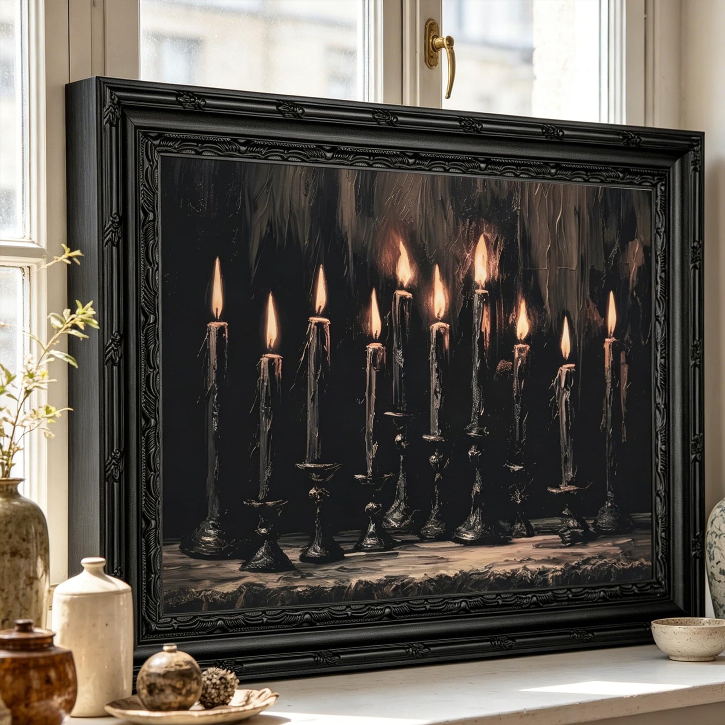 Framed Halloween Candle Canvas Wall Art,Dark Moody Painting Picture Wall Decor,Gothic Poster Print Art,for Bathroom Living Room Gallery Home Decoration 9x11in