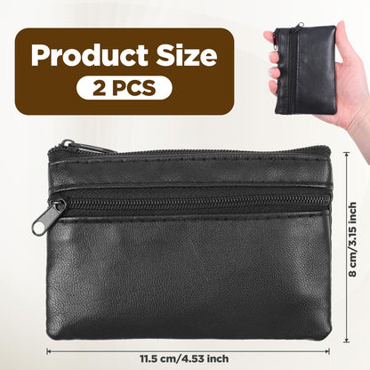 DOPENSPI 2 Pcs PU Leather Zipper Coin Purse, Mini Change Wallet Card Holder Black Zipper Pouch Small Coin Pocket Pouch for Women Men Purse Travel Daily Use
