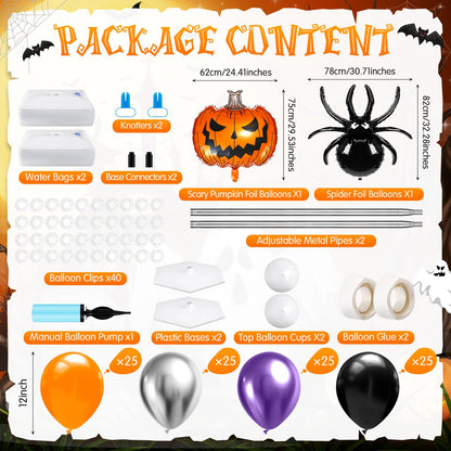 Kasyat 2 Sets Halloween Balloon Column Stand Kit with Scary Pumpkin Spider Foil Balloon Orange Purple Black Silver Arch Garland Kit for Spooky Birthday Party Halloween Theme Decoration
