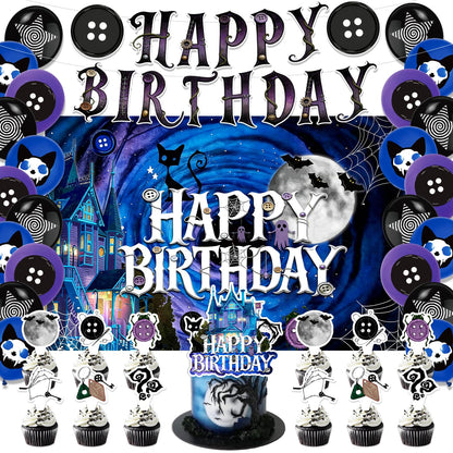 42Pcs Horror Movie Button Eyes Birthday Party Decorations Include Cake Topper Cupcake Toppers Horror Movie Happy Birthday Party Flag Banner and Balloons Backdrog