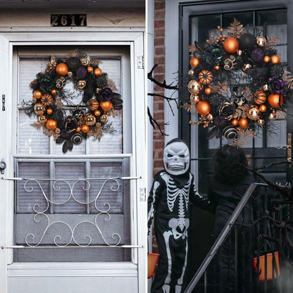 Valery Madelyn 24 Inch Halloween Wreath with Lights for Front Door, Collapsible Pre-Lit Wreath with Fake Crow Pumpkin Halloween Decorations for Home Wall Decor