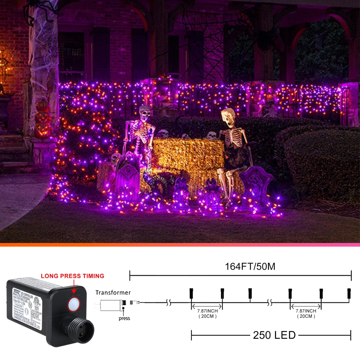 kemooie 164 FT 250 LED Halloween Lights, Black Wire Plug in Fairy Lights with Timer Function, Waterproof String Lights with 8 Modes for Outdoor Halloween Party Porch Patio Garden Decoration