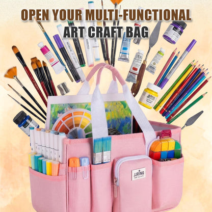 Jjring Craft Organizer Tote Bag, Portable Art Caddy with Adjustable Divider&Secure Zipper Pocket, Foldable Storage Tote for Scrapbooking, Sewing, Artist and Home(Pink)