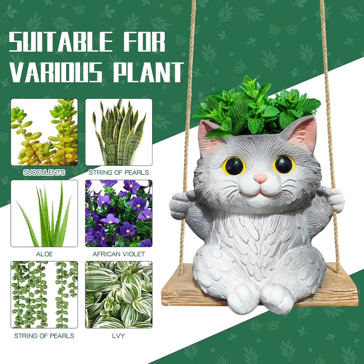 Pyoimmne Cat Hanging Planters for Indoor Outdoor Plants, Small Cute Hanging Pots for Succulent, String of Pearls Plant, Resin Hanging Flower Pots with Drainage Hole, Unique Gift, Garden Home Decor