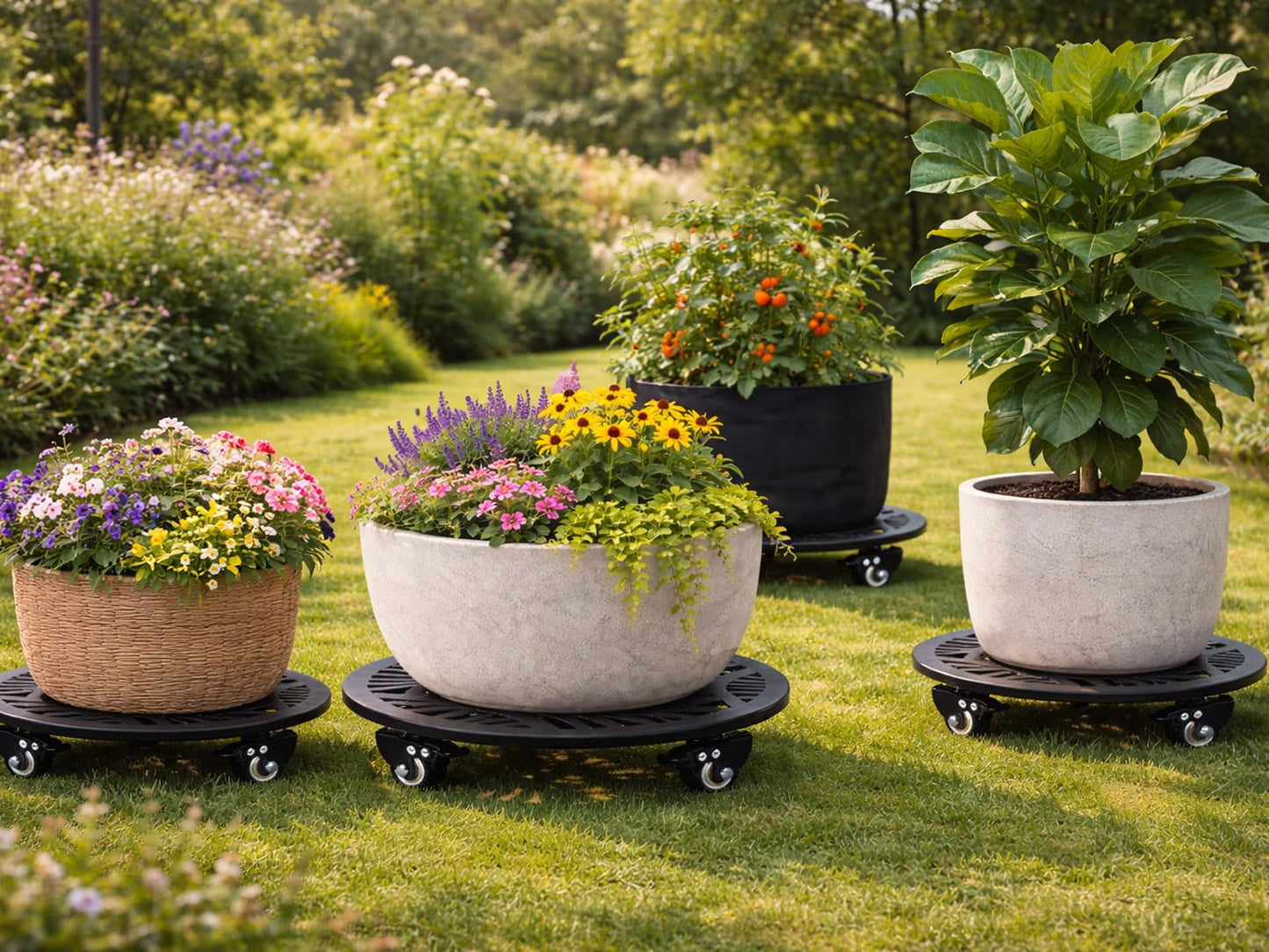 1 Pack Metal Plant Caddy with Wheels 12 Inch Large Heavy-duty Rolling Plant Stands with Casters Wheeled Planter Dolly Pot Mover Rollers Rust-proof Round Garden Trolley Coasters for Indoor Outdoor Use