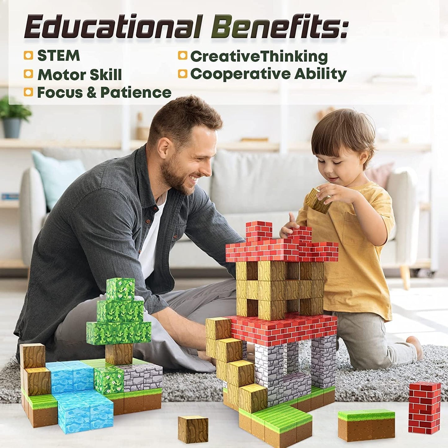 100PCS Large Magnetic Blocks 1 inch Magnets Building Craft, STEM Sensory Toys for Boys Girls 3+, STEM Educational Construction Toys for Kids 3-5 5-7 6-8, Classroom Learning Building Mine Magnet World