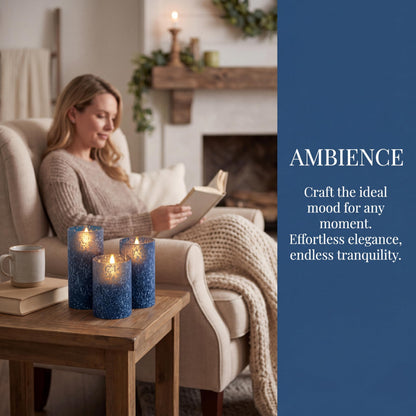 Blue Flameless Candles with Remote, Real Wax Glass Battery Operated Candles with Timer, LED Pillar Candle for Bedroom Home Wedding Birthday Party Fall Halloween Christmas Decorations, Set of 3