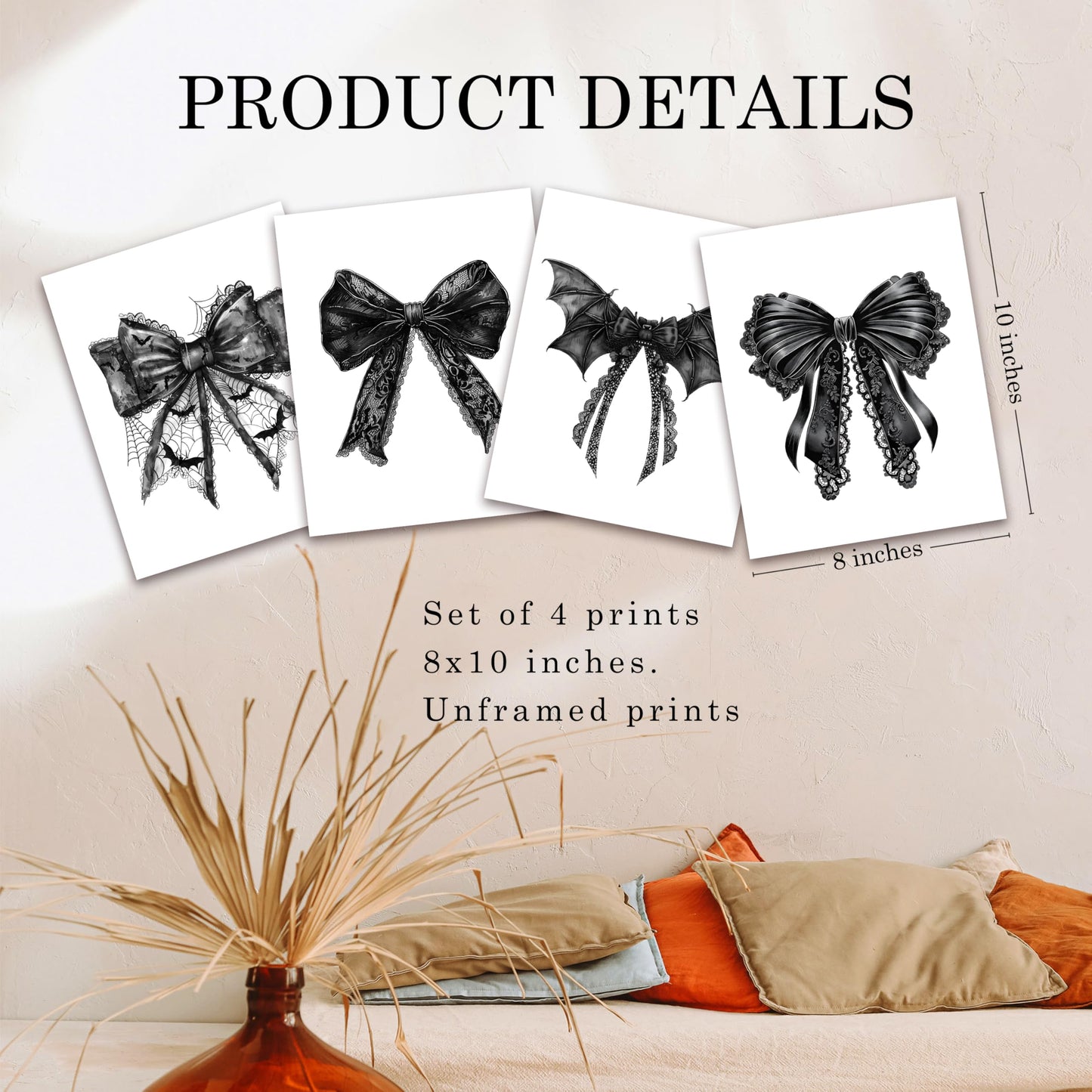 JWVK Coquette Halloween Black Lace Bow Bats Wall Art Prints Set of 4, Gothic Halloween Decor, Halloween Wall Decorations, Dark Academia Halloween Posters Wall Decor for Home Office, 8x10 Unframed