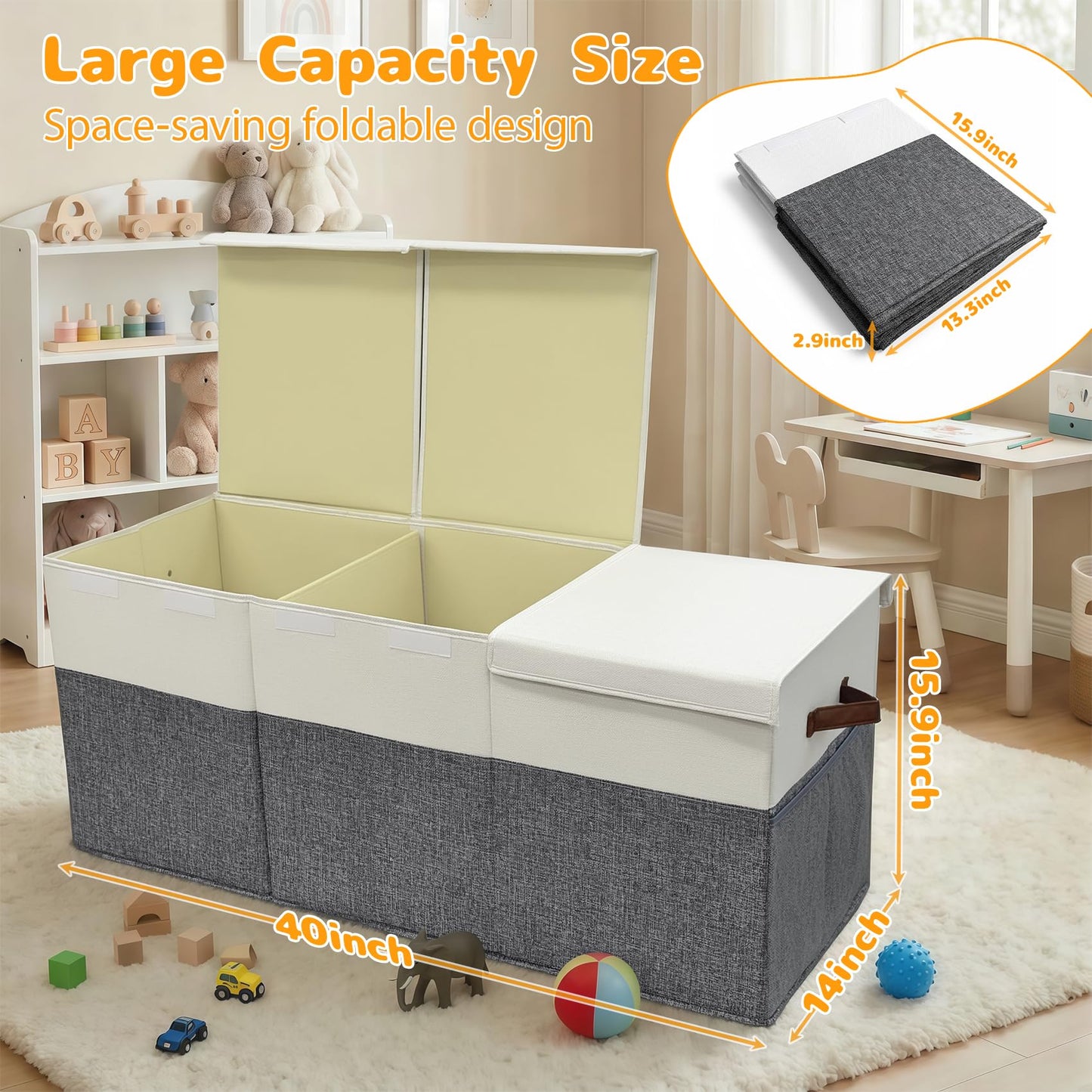 Extra Large Toy Storage Box with Lid, Collapsible Kids Toy Box, Sturdy Toys Storage Chest Bin Organizer Basket with Dividers for Kids, Boys, Girls, Living Room, Bedroom, Nursery, Playroom, 40"x14"x16"