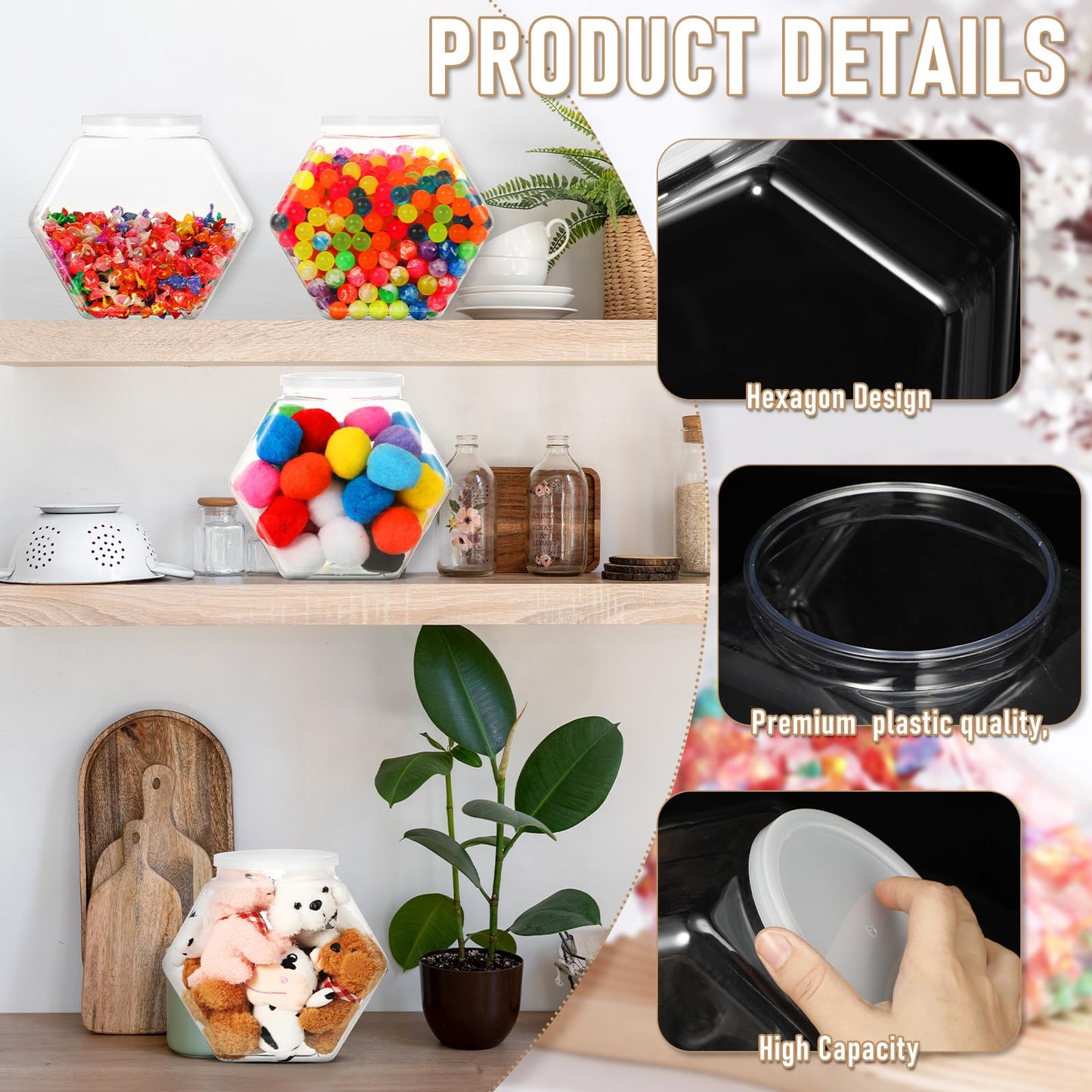 Uiifan 1 Piece Plastic Candy Jar with Lid Clear Fish Bowls Cookie Jar Hexagonal Containers for Snacks, Dog Food, Desk Pet, Craft and Sewing Supplies, Coffee Pod, Laundry Pod Storage Display(145 oz)