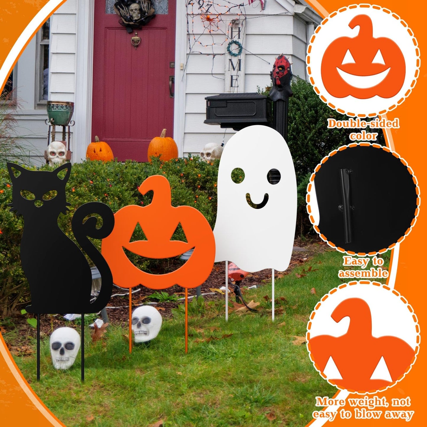 Lingvee 3 Pack Halloween Decorations Outdoor Metal Halloween Garden Stakes Metal Ghost Pumpkins Black Cat Yard Signs Decor for Outside Garden Lawn Porch Patio Party Decorations(Mixed Style)