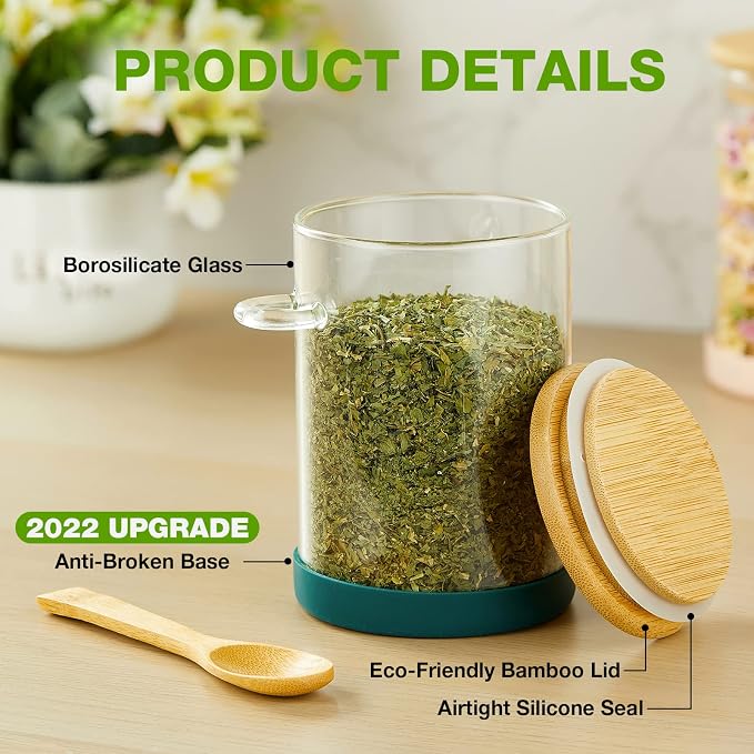 Mfacoy Set of 4 Airtight Glass Jars with Bamboo Lids & Spoons, 17 oz Borosilicate Overnight Oats Containers with Lids, Clear Food Storage Canister for Cookie, Candy, Coffee, Sugar, Matcha Tea, Flour