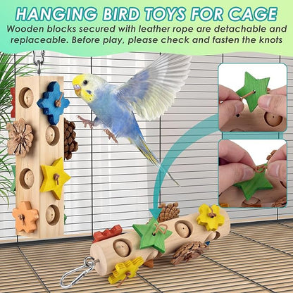DBNESS Bird Toys for Parrot, 2 Pcs Hanging Colorful Wood Blocks Pine Cones Parakeet Chew Foraging Toy for Beak-Grinding, Cage Accessories for Small to Medium Budgies, Cockatiels, Caiques, Conures