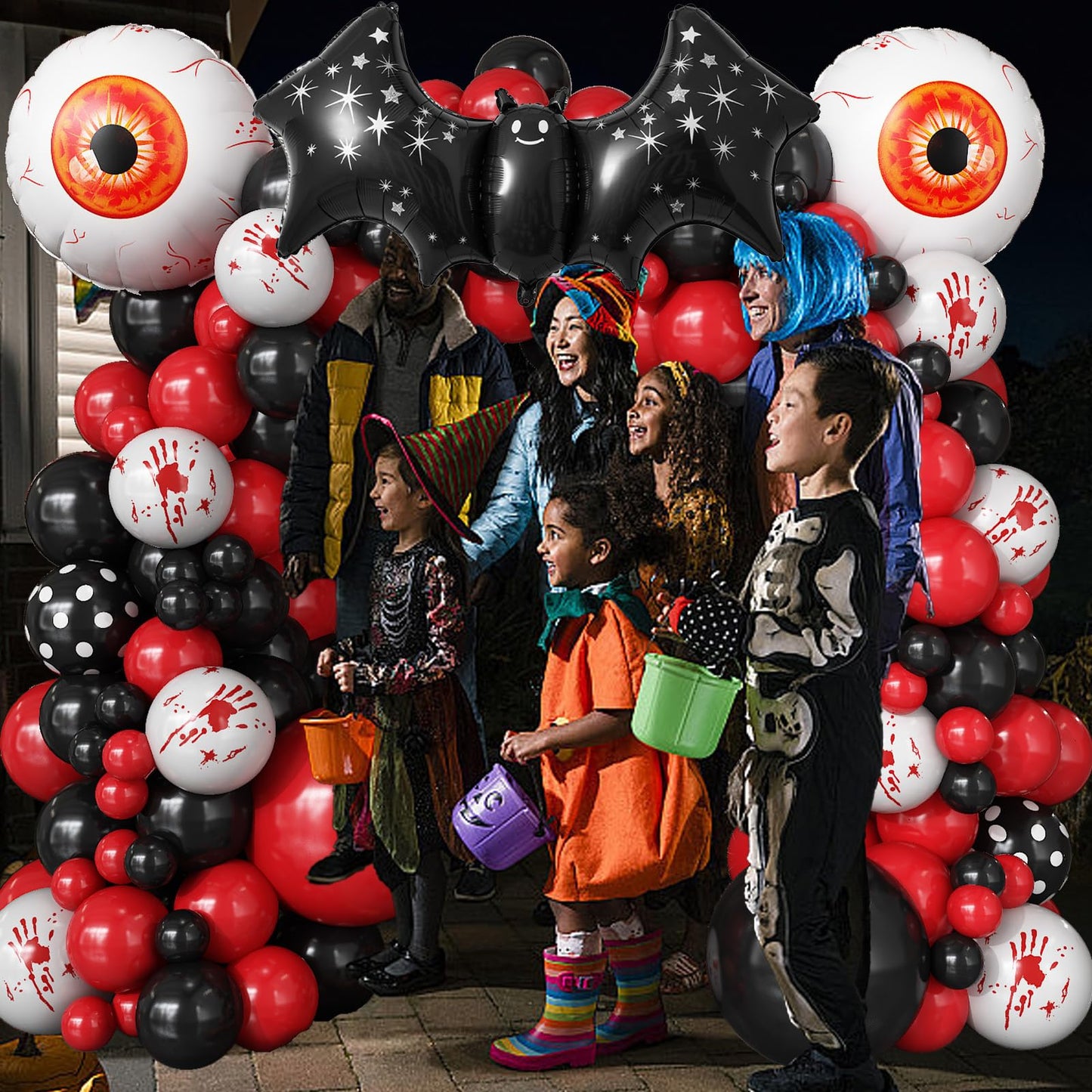 Halloween Balloons Garland Arch Kit, 94pcs Red Black White Polka Dot Balloons, Bloody Hand Print Balloon Eyeball Bat Mylar Balloon for Scream Creepy Gothic Halloween Horror Birthday Party Decorations