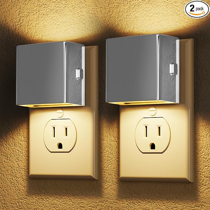 DORESshop LED Night Lights Plug into Wall [2 Pack], Plug in Nightlight, 3 Level Brightness Adjustable Night Light, Dusk to Dawn Sensor, Nightlights for Adults, Bedroom, Bathroom, Hallway, Silver Cover