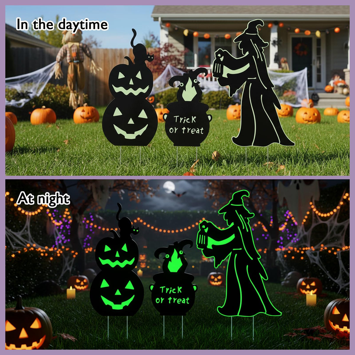Halloween Outdoor Yard Decorations, 3 Pack Glow in The Dark Witch and Pumpkin Lawn Signs Waterproof Witch's Cauldron Potions for Garden, Walkway, Patio, Porch Outside Decor