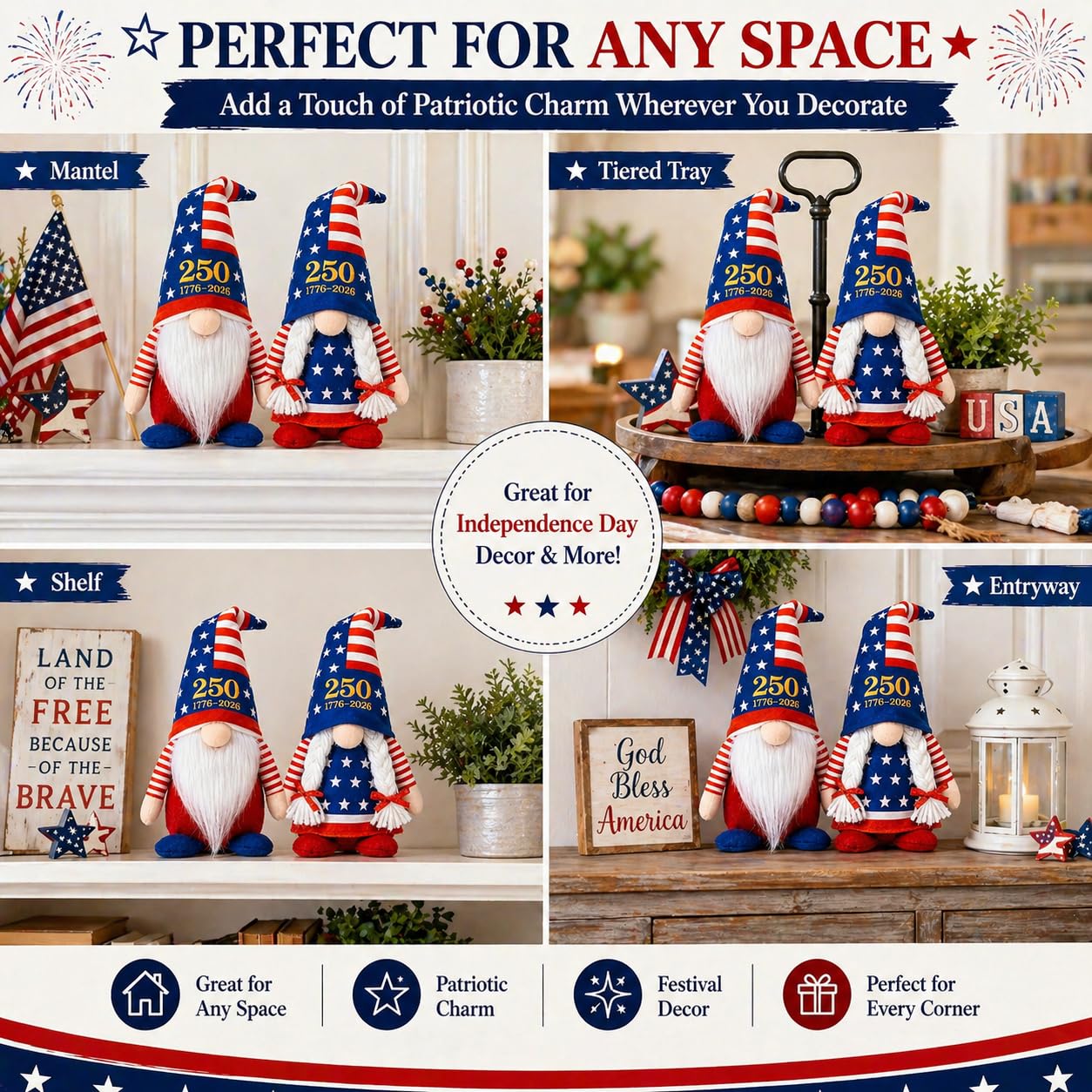 LEKSON 4th of July Decorations Patriotic Gnomes, 250 Anniversary USA Merchandise, Red White and Blue Independence Day Home Table Decor, 1776-2026 Indoor American Gnome Set of 2