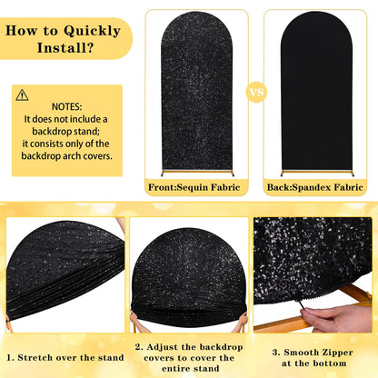 Wedding Arch Cover Set of 2 Glitter Sequin Fitted Arch Stand Covers for Halloween Party Bridal Shower Photo Balloon Arch Covers (7.2FT, 6FT, Black)