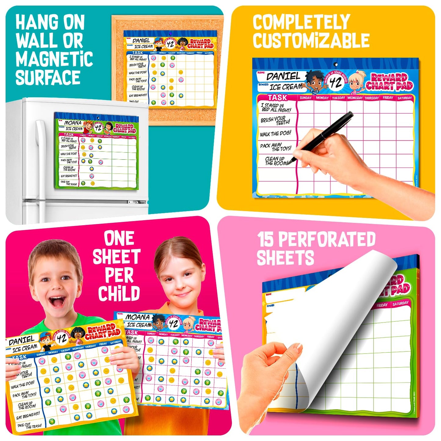 Behavior Reward System - Pad with 15 Chore Charts for Kids, 850 Stickers to Motivate Responsibility & Good Habits