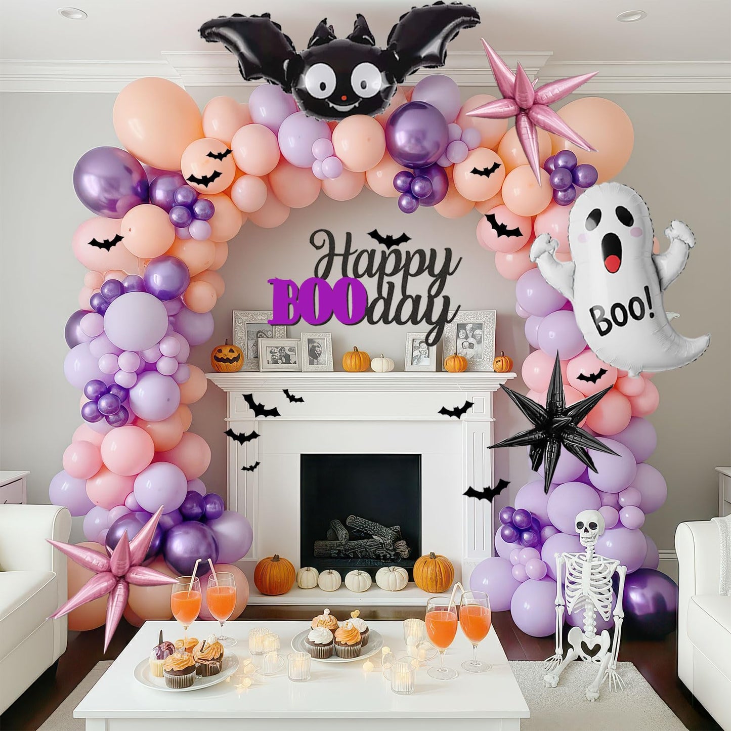 Pastel Halloween Birthday Balloon Garland arch Kit 130 Pcs Purple Pink Orange Balloons + Bat Ghost Mylar Balloons for Spooky Halloween Arch Booday Summerween birthday Party Decorations
