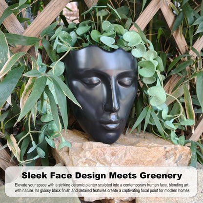 qumHmup Ceramic Face Wall Planter, Black Head Vase with Drainage Hole, Modern Art Indoor Outdoor Wall Mounted Succulent Planter, Elegant Home Garden Decor