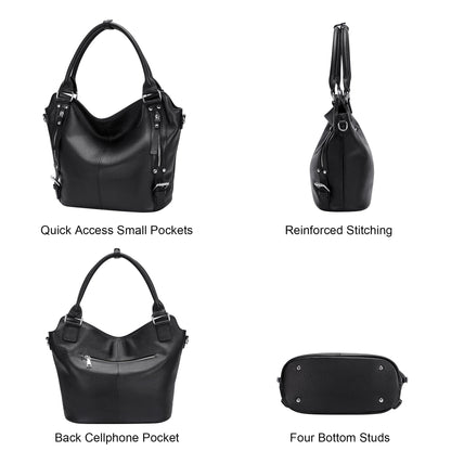 Over Earth Genuine Leather Handbags for Women Hobo Shoulder Bags Ladies Tote Bag(O172E Black)
