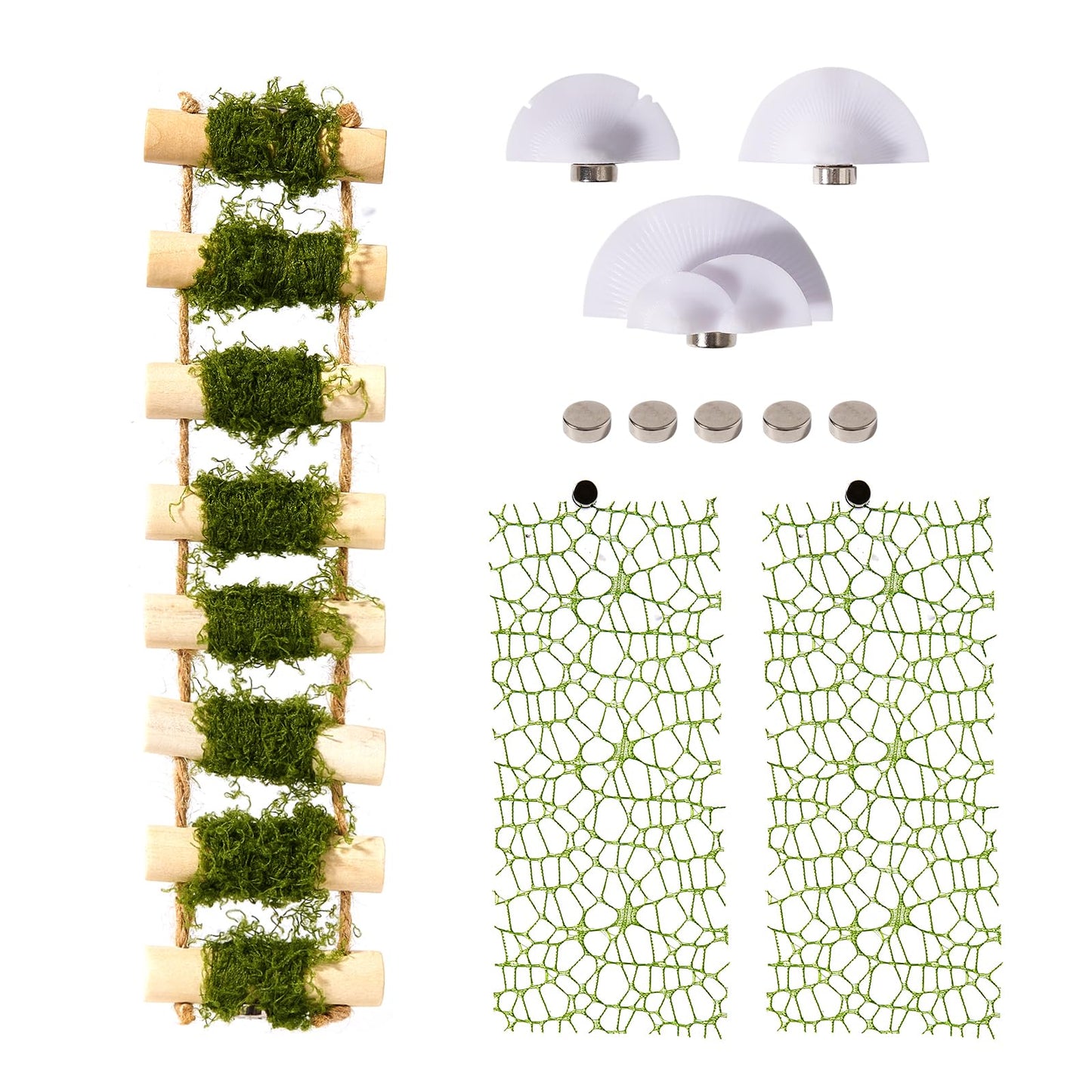 Swirge 6Pcs Jumping Spider Climbing Accessories Set, 1 Wooden Rope Bridge, 3 Mushroom Platform, 2 Climbing Net Decoration