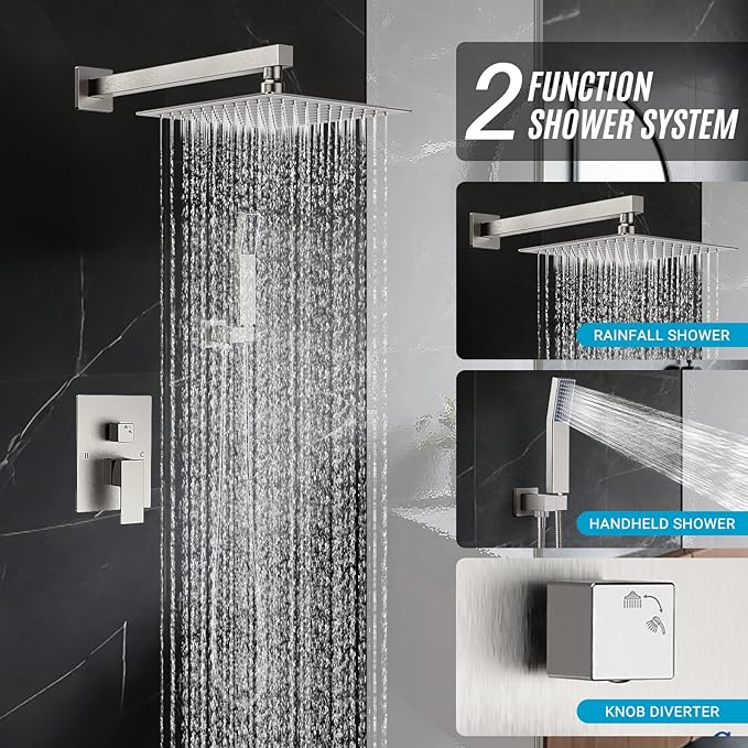 10" Square Rain Shower Faucet Set, Wall Mount, Brush Nickel | 304 SS, air tech boosts pressure 50%, dual spray, anti-fingerprint