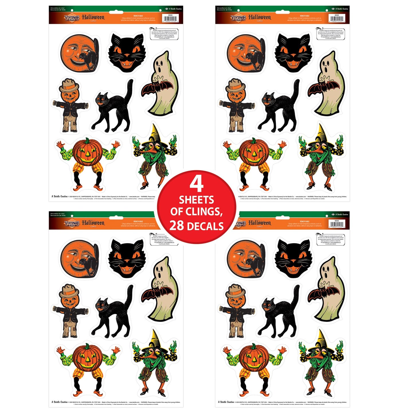 Beistle Vintage Halloween Window Clings, 28 Classic Icons on 4 Sheets, 12” x 17” Sheet, Cat Face, Moon, Ghost, Pumpkin Head Scarecrow, Scratch Cat, Goblin & Witch Characters