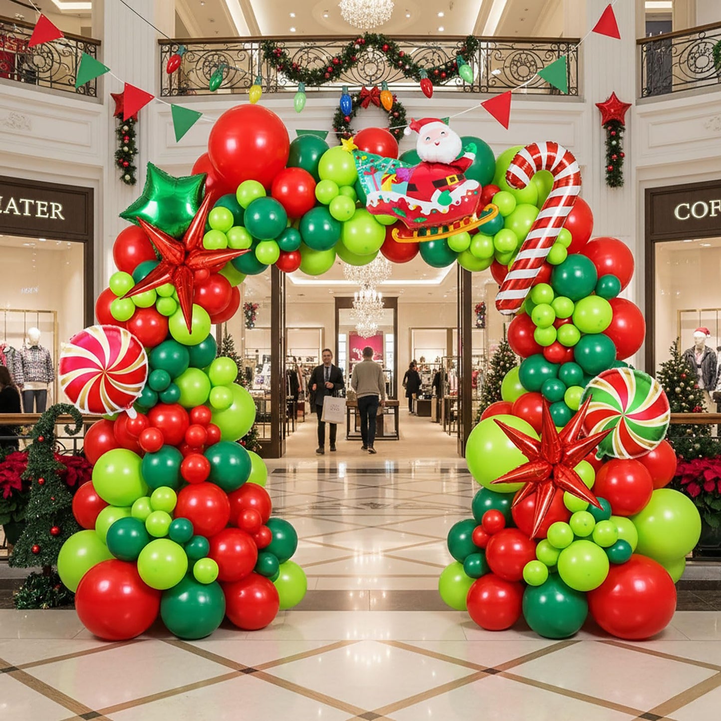 Christmas Balloon Garland Arch Kit with backdrop Xmas Red Green Balloons Candy Cane Santa Claus Star Foil Balloons for Christmas New Year Birthday Party Decorations (Red Green)