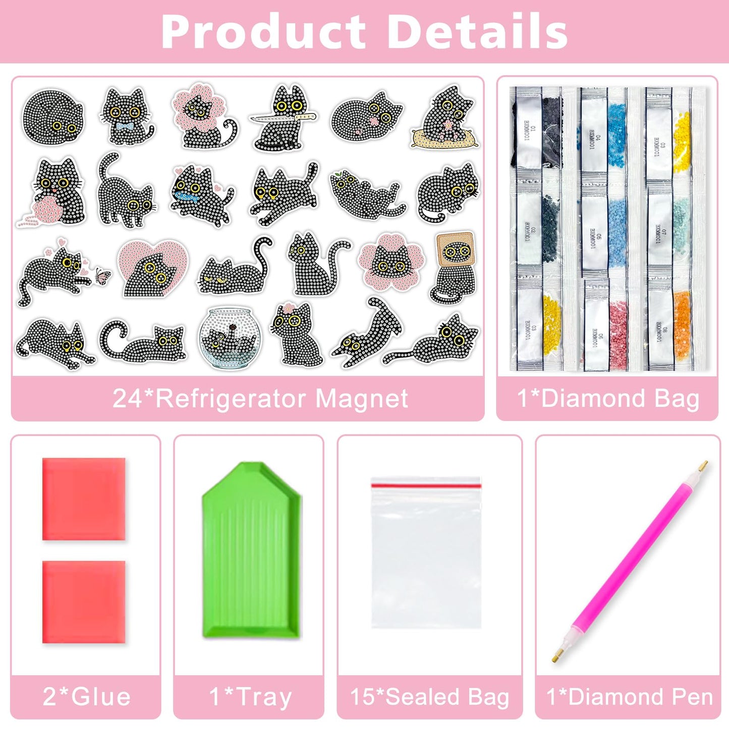 24 Pcs Diamond Art Kits for Kids Teens Adults, Fridge Magnets Diamond Painting Kits Cat Dimond Art Paintings Gem Art Refrigerator Magnets Arts and Crafts for Kids DIY Crafts Gifts Home Decors