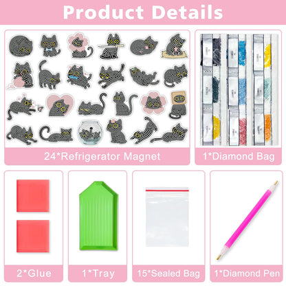 24 Pcs Diamond Art Kits for Kids Teens Adults, Fridge Magnets Diamond Painting Kits Cat Dimond Art Paintings Gem Art Refrigerator Magnets Arts and Crafts for Kids DIY Crafts Gifts Home Decors