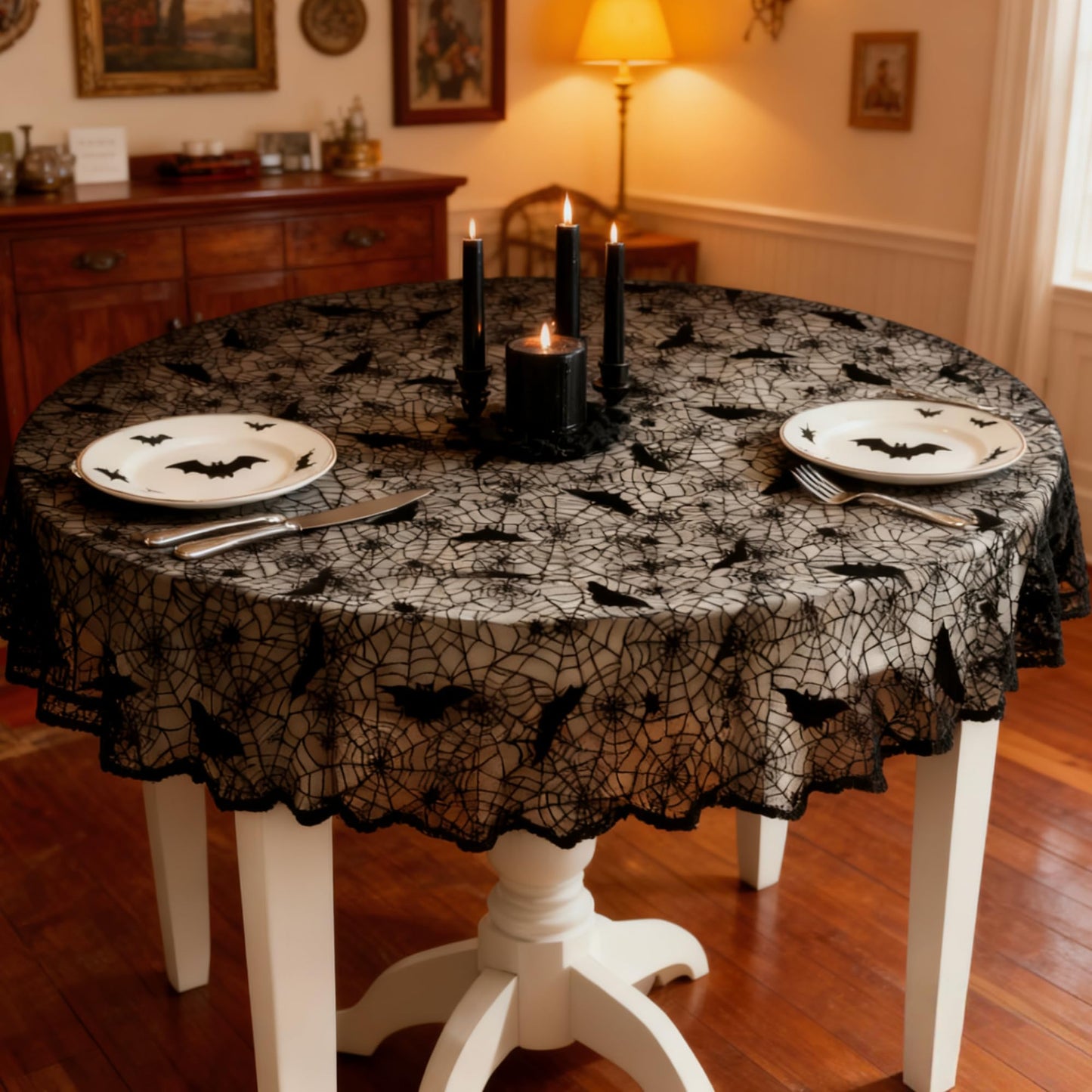 Mluiov Halloween Tablecloth Lace Black Bat Spider Web Decorations Halloween Party Fall Table Cloth Gothic Decor Round Table Cover, 70 Inch