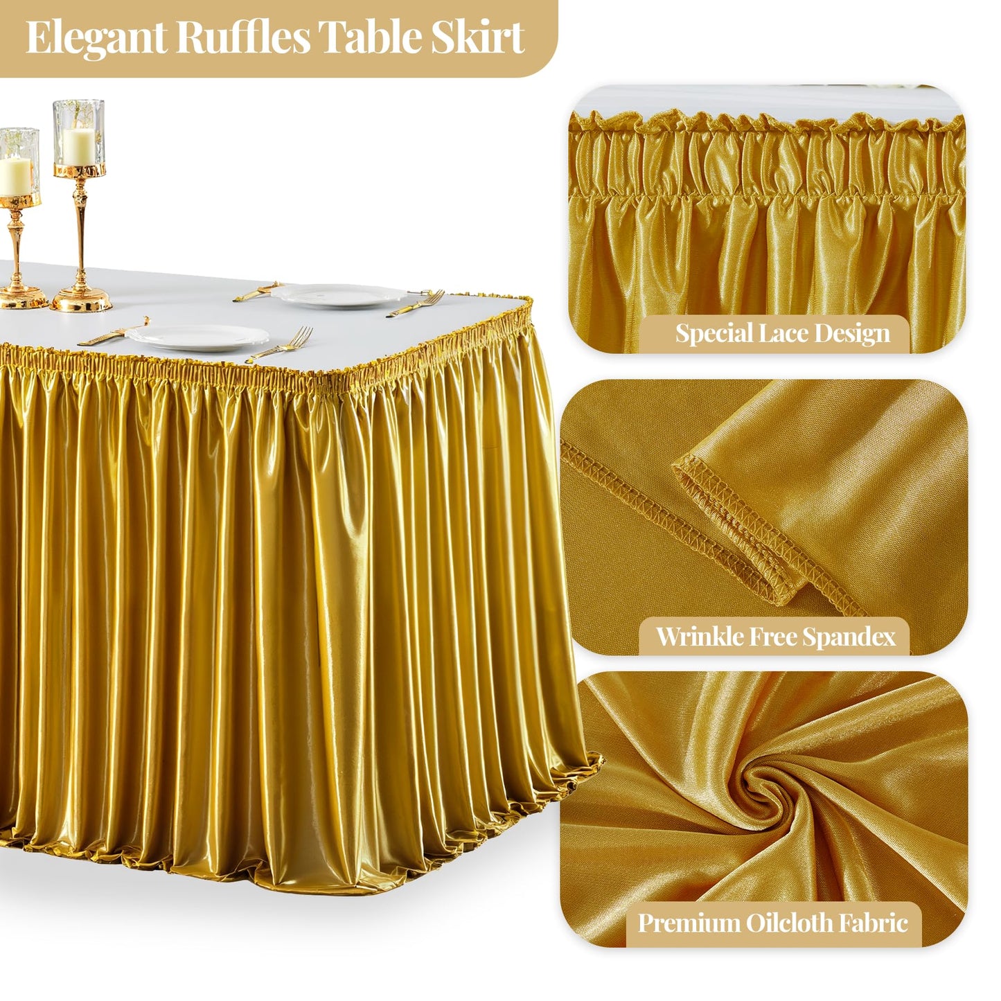 Wish Care 6ft Gold Satin Table Skirt for Rectangle Tables Wrinkle Free Glitter Desk Skirts Pleated Ruffle Table Cloth for Wedding Birthday Graduation Cocktail Party Buffet Display Table Decorations