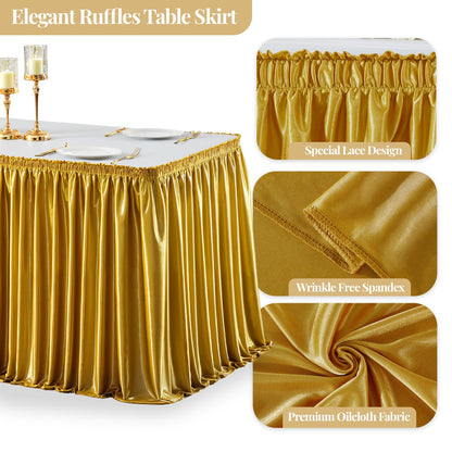 Wish Care 6ft Gold Satin Table Skirt for Rectangle Tables Wrinkle Free Glitter Desk Skirts Pleated Ruffle Table Cloth for Wedding Birthday Graduation Cocktail Party Buffet Display Table Decorations
