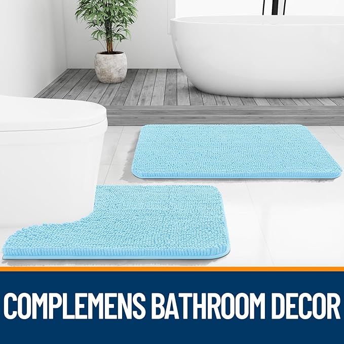 OLANLY Small Bathroom Rugs 24x16, Extra Soft Absorbent Chenille Bath Rugs, Rubber Backing Quick Dry, Machine Washable Bath Mats for Bathroom Floor, Tub and Shower, Home Decor Accessories, Sky Blue
