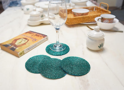 Handmade Beaded Bar Drink Tabletop Protection Coasters - Set of 4 - Halloween Harvest Autumn Fall Thanksgiving Holiday Christmas Xmas Celebration Festive Party 4" Round - Solid Teal