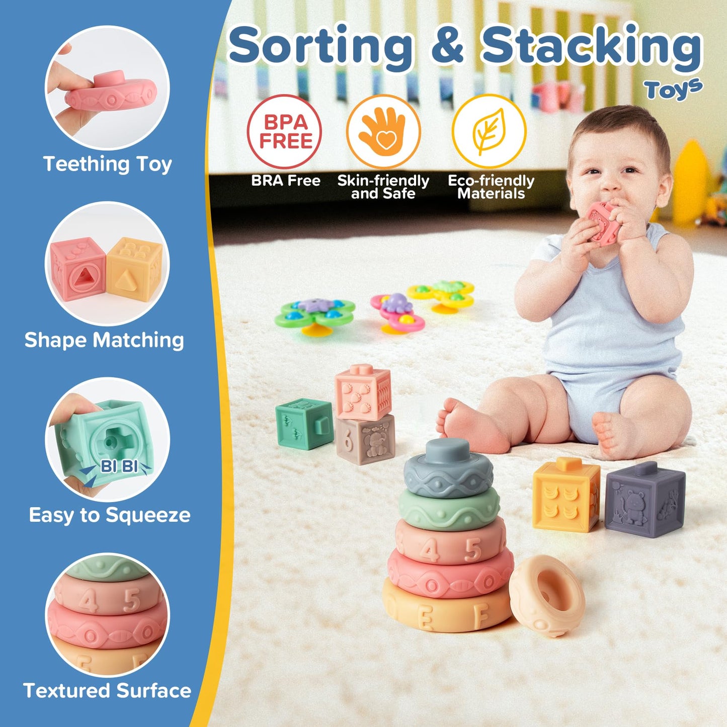 7‑in‑1 Montessori Baby Toys for 6‑12 Months & 1+ Years, Infant Sensory Teething & Stacking Blocks | Wooden Shape Sorter, Xylophone Musical Toy, Birthday Gift for Toddlers 1‑3