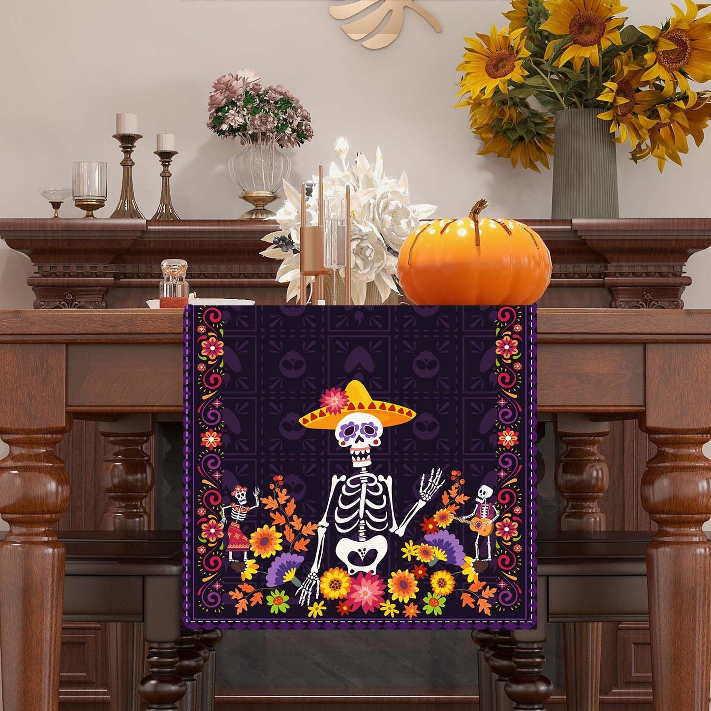 Day of The Dead Table Runner Dia De Los Muertos Tablecloth Mexican Halloween Sugar Skull Home Kitchen Dining Table Decorations 13x90 Inch