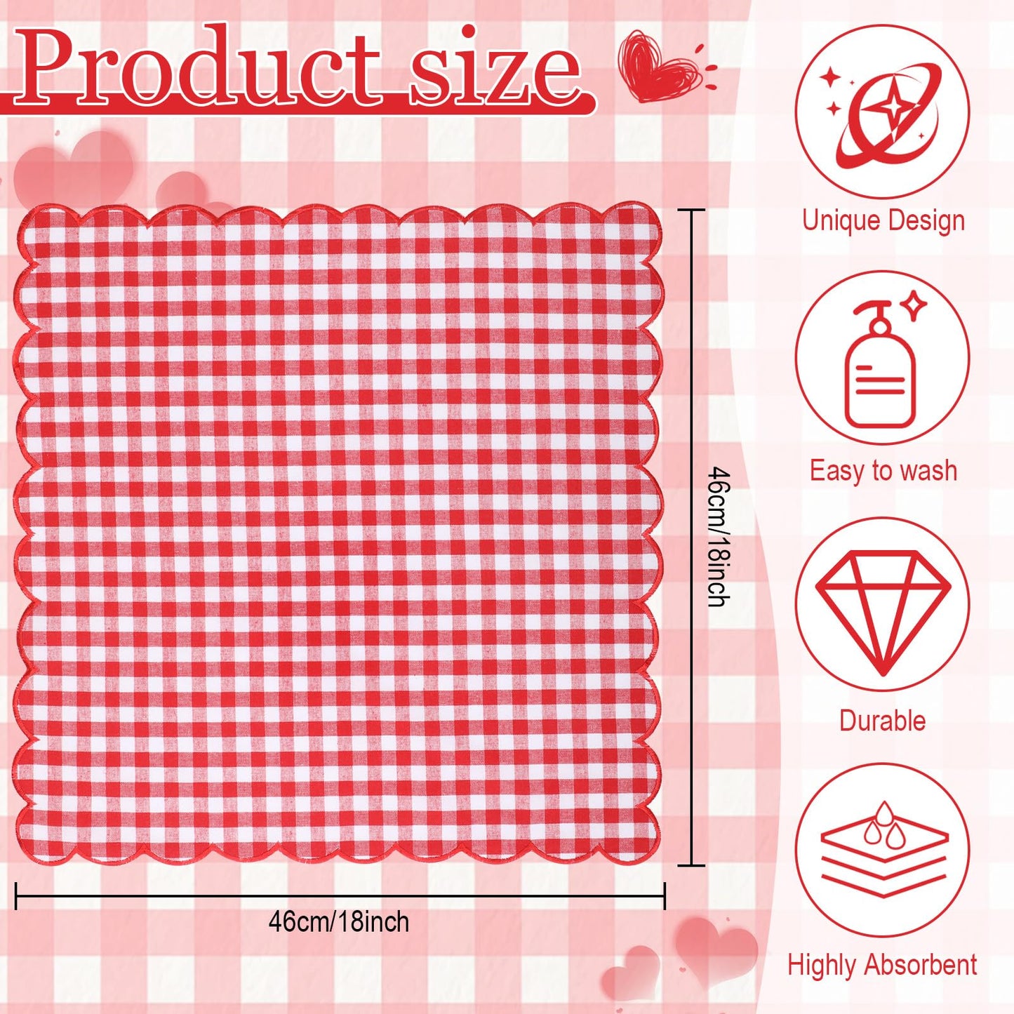SmoothNovelty 12 Pack Buffalo Plaid Cloth Napkins 18x18 Inch Checkered Cloth Napkins Scalloped Soft Cotton Table Mat Washable Reusable for Dinner Wedding Holiday Birthday Parties (Classic,Red)