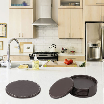 AUMISKY Leather Coasters for Drinks(6 Pack), Handmade Durable Drink Coasters Set with Holder for Tabletop Protection, Luxurious Home Décor and Housewarming Gift (Brown)