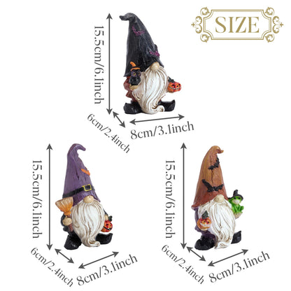 Valery Madelyn Gnomes Halloween Decorations Indoor, 3 Pcs Resin Gnome Decor for Home with Bat Witch Hat, Halloween Figurines Elf Dwarf with Broom Jack O Lantern for Table Tiered Tray Outdoor, 6.1"
