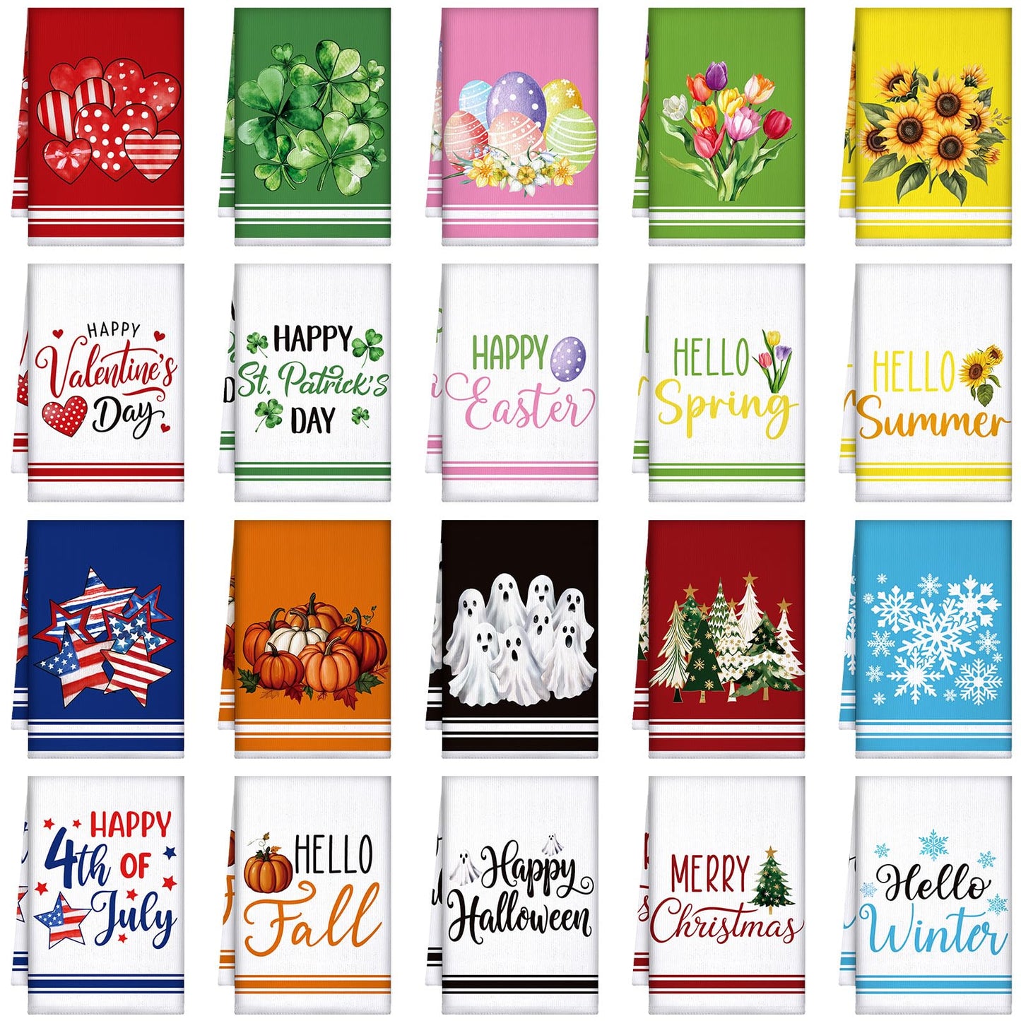 FuWeave 20 Pcs Holiday Kitchen Towels Set Seasonal Decorative Hand Towels Bulk Summer Patriotic 4th of July Tea Dishcloths with Hanging Loop for Kitchen Bathroom Cooking(Fresh)